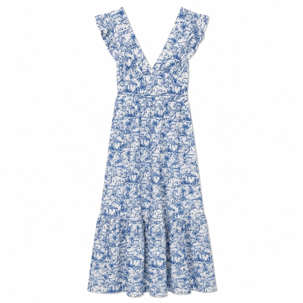 Skies Are Blue Toile Print Maxi Dress Blue White Cutout Medium NWT